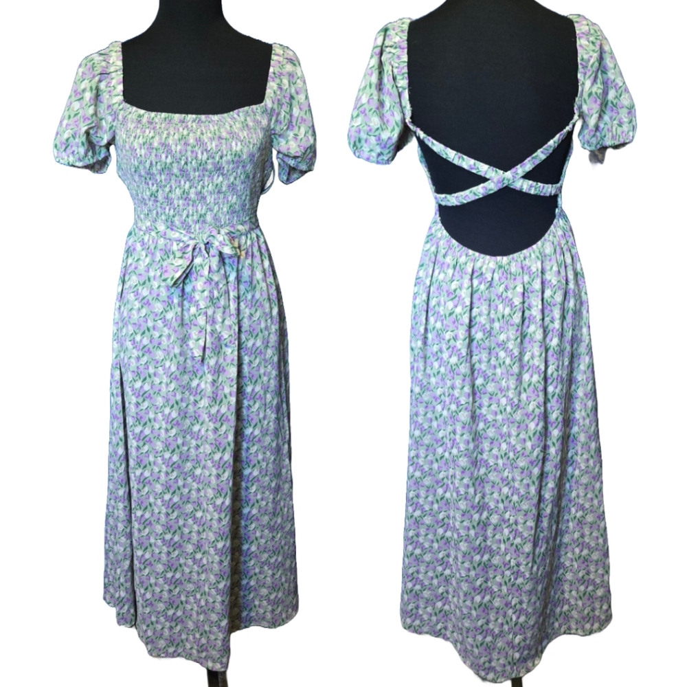 Floral Tulip Smocked Puff Sleeve Prairie Midi Dress Cottagecore